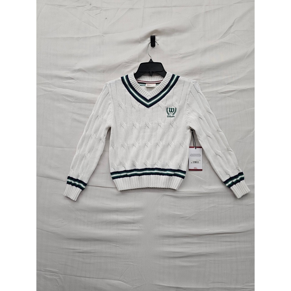 Wilson Girls Preppy V-Neck Pullover Sweater White Cotton Blend Casual Size M